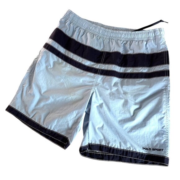 Polo Sport Vintage 90's Ralph Lauren Board Swim Trunks Blue Stripe Size Medium - Picture 1 of 10